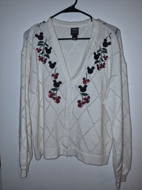 Her Universe Sweaters - Her Universe Disney Cream Cardigan with Red Cherry & Black Mickey Embroidery